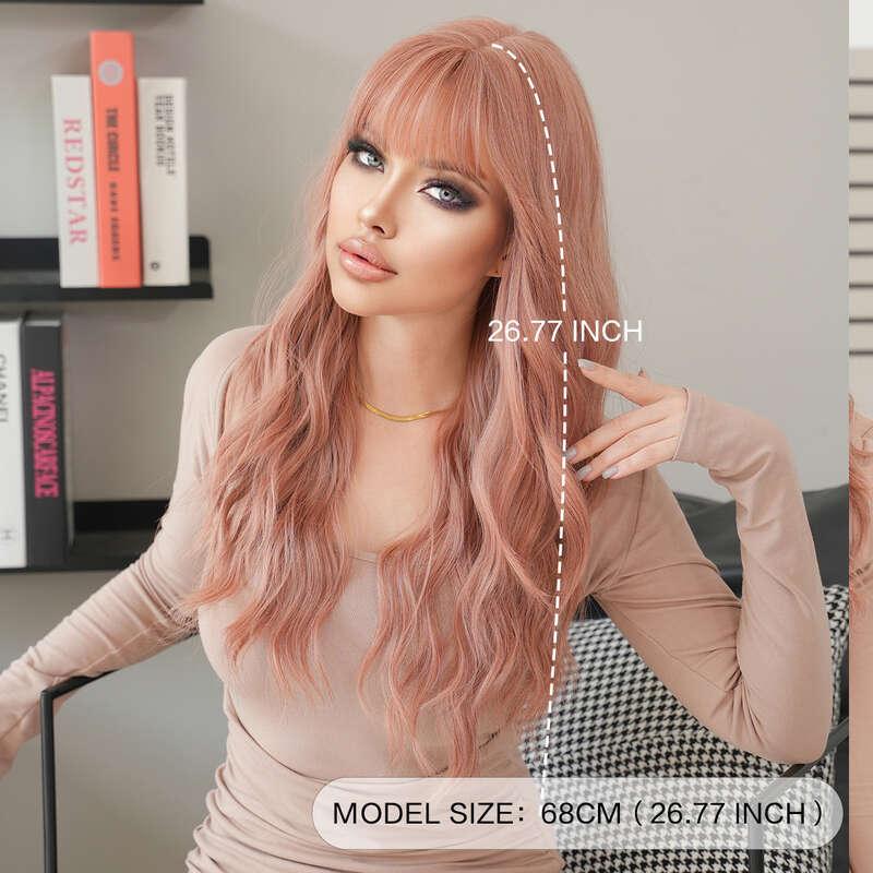 Pink Brown Long Curled Hair Wig Women's Bang Big Wave Natural Full