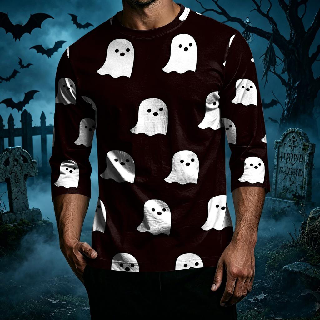 Men Casual Halloween Print Raglan Sleeve T Shirt Crew Neck Three Quarter Sleeve Top for Everyday Wear