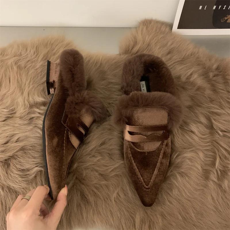

Fashion COZOK Luxury Fur Furry Women Slippers Fur Flat Mules Fashion Velour Slides Indoor Outdoor Sexy Cotton Warm Slides Winter 35