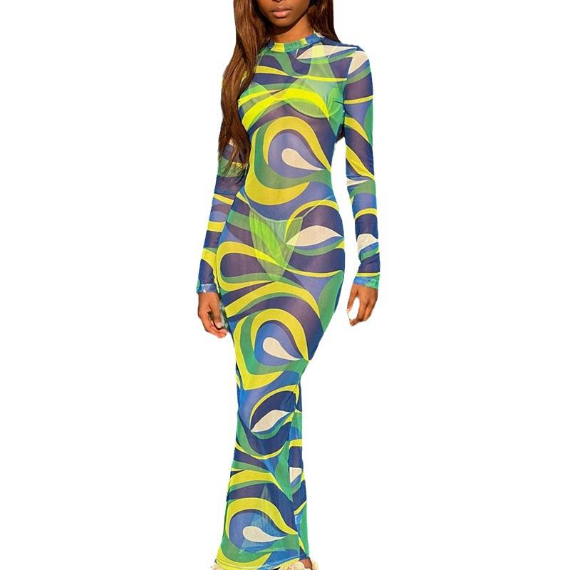 

Женское осеннее новое повседневное сетчатое платье с принтом, с длинным рукавом, круглым вырезом, облегающего кроя, базовое M зелёный