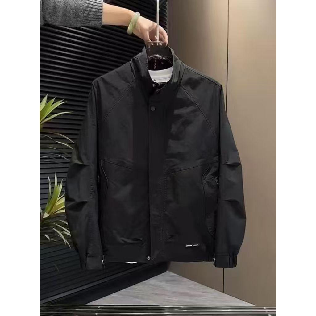 2025 Men's Trendy Stand-Up Collar Jacket: Solid Color Casual Versatile Black Outerwear