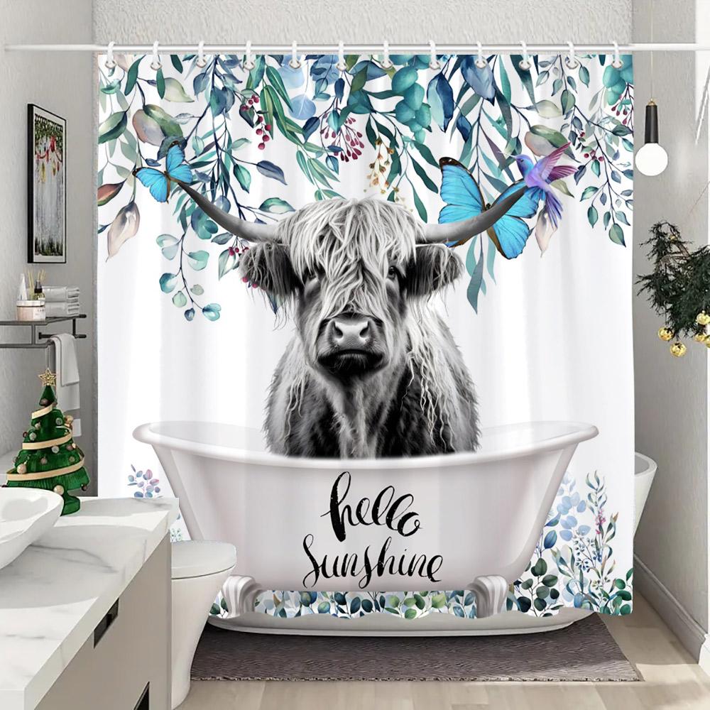 Funny Highland Cow In Bathtub Shower Curtain Green Plants Eucalyptus Leaves Sunflower Lavender Shower Curtains Bathroom Decor