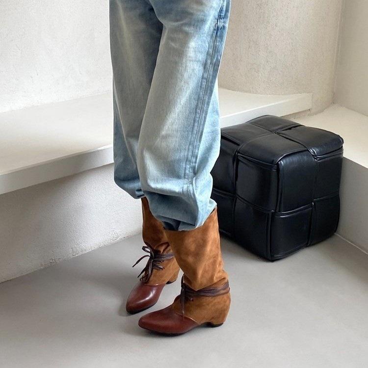 Pointed retro thick heel pile soft leather western boots women's new inner heightening boots spot autumn folds