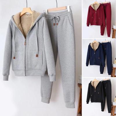 Damen Herbst Winter Sweatshirt + Hose Reißverschluss Riemen Strickjacke Elastischer Bund Einfarbig Warm Sportbekleidung Damenbekleidung 2-teiliges Set