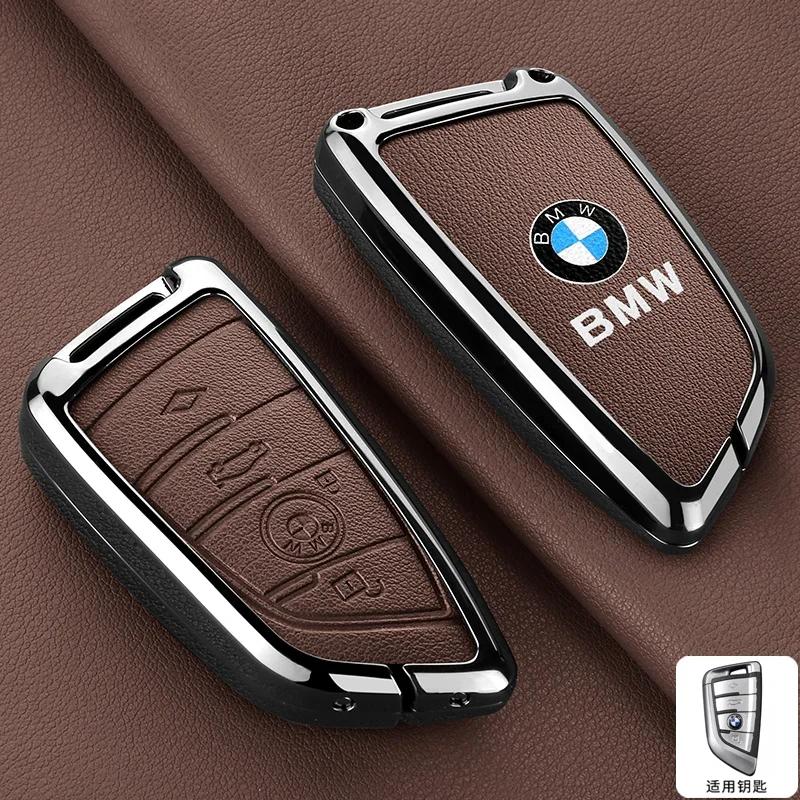 Car Sticker Hot 2025 Zinc alloy Leather Car Remote Key Case Cover Shell Protector For BMW X1 X3 X4 X5 X6 F15 F16 G30 3 5 7 Serie
