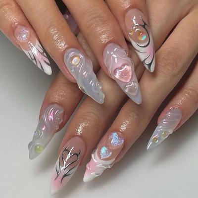 24 Pieces Peach Love French Wearing Nail 3D Almond Fake Nail Mermaid Bubble Bead Nail Art Piece