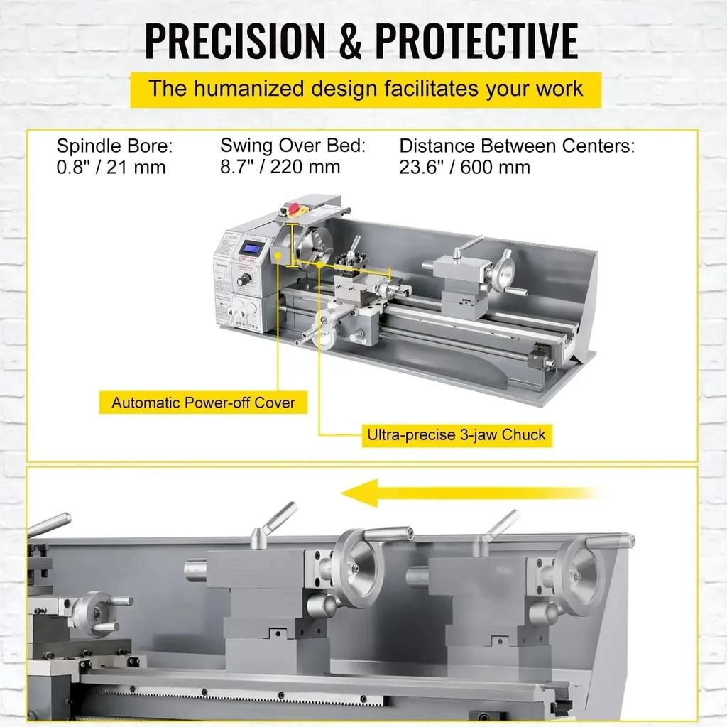 1100W Mini Lathe Mini Metal Lathe 38mm Spindle 3-Jaw Chuck 220x600mm