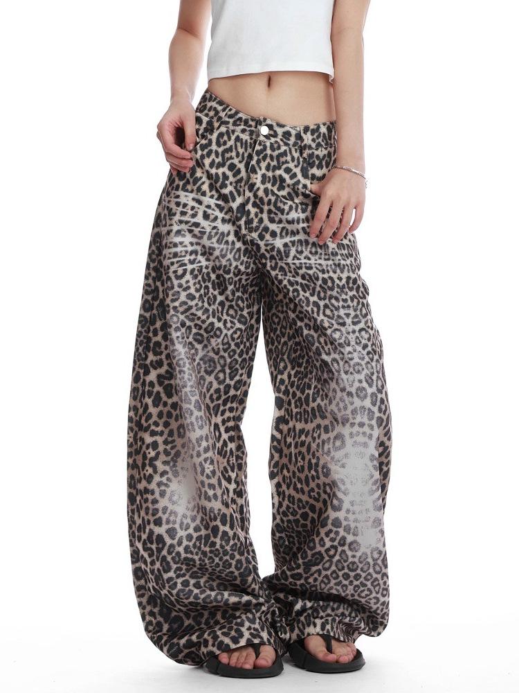 Unisex Retro Leopard Print High Waist Wide Leg Jeans - Trendy American Style