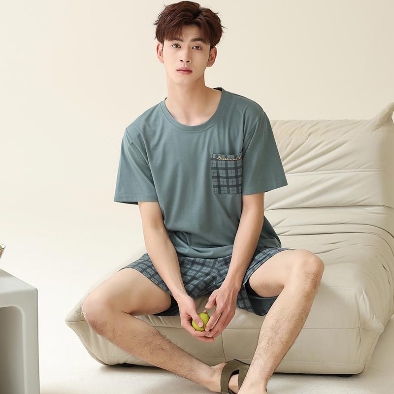 2025 summer thin cotton Men Pajamas short Sleeve tops and shorts sleepwear plaid Student Pajamas set casual plus size Pullovers Homewear