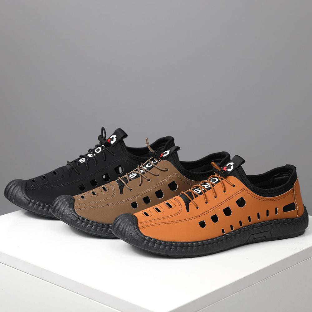 Herren Sandalen Sommer Strandschuhe Weiches Leder Schwarze Sohle Sportschuhe Atmungsaktiv Hohle Ein-Pedal Freizeit Lochschuhe
