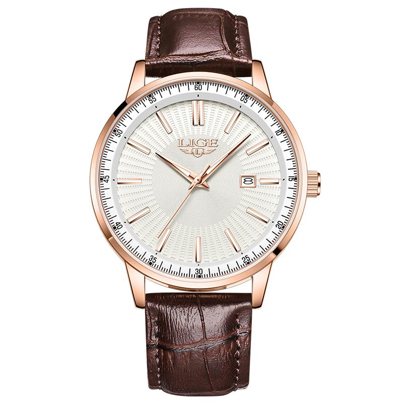 LIGE Men Business Quartz Watch Leather Strap Calendar Waterproof Minimalist Wristwatch