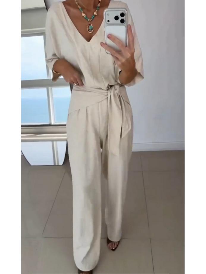 European Style Women s Spring/Summer V-neck Long Sleeve Belted Jumpsuit XL абрикосовый