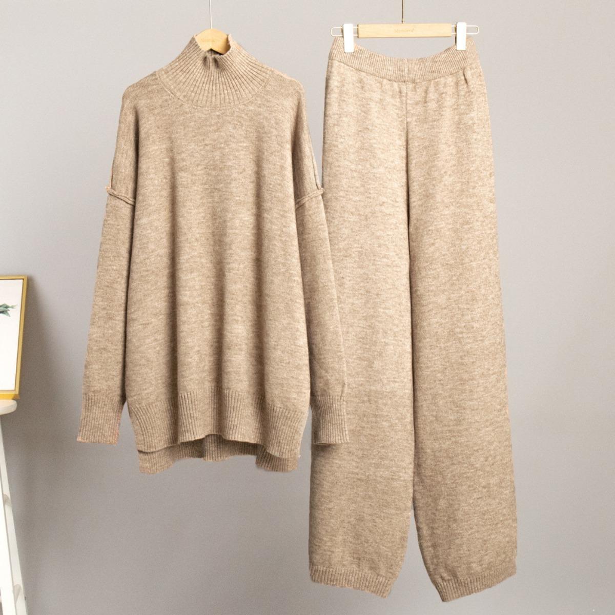 

Women s Turtleneck Sweater Set 2025 Autumn Winter New Loose Casual Thick Knit Pants Outfit S верблюд