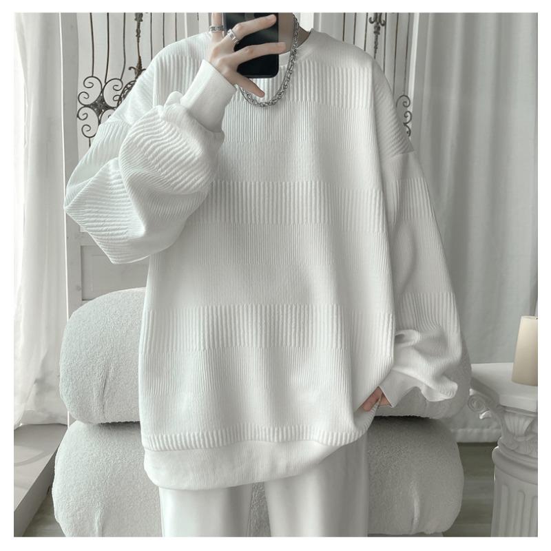 Men S Gray Jacquard Long Sleeve Loose Fit T Shirt For Spring Autumn