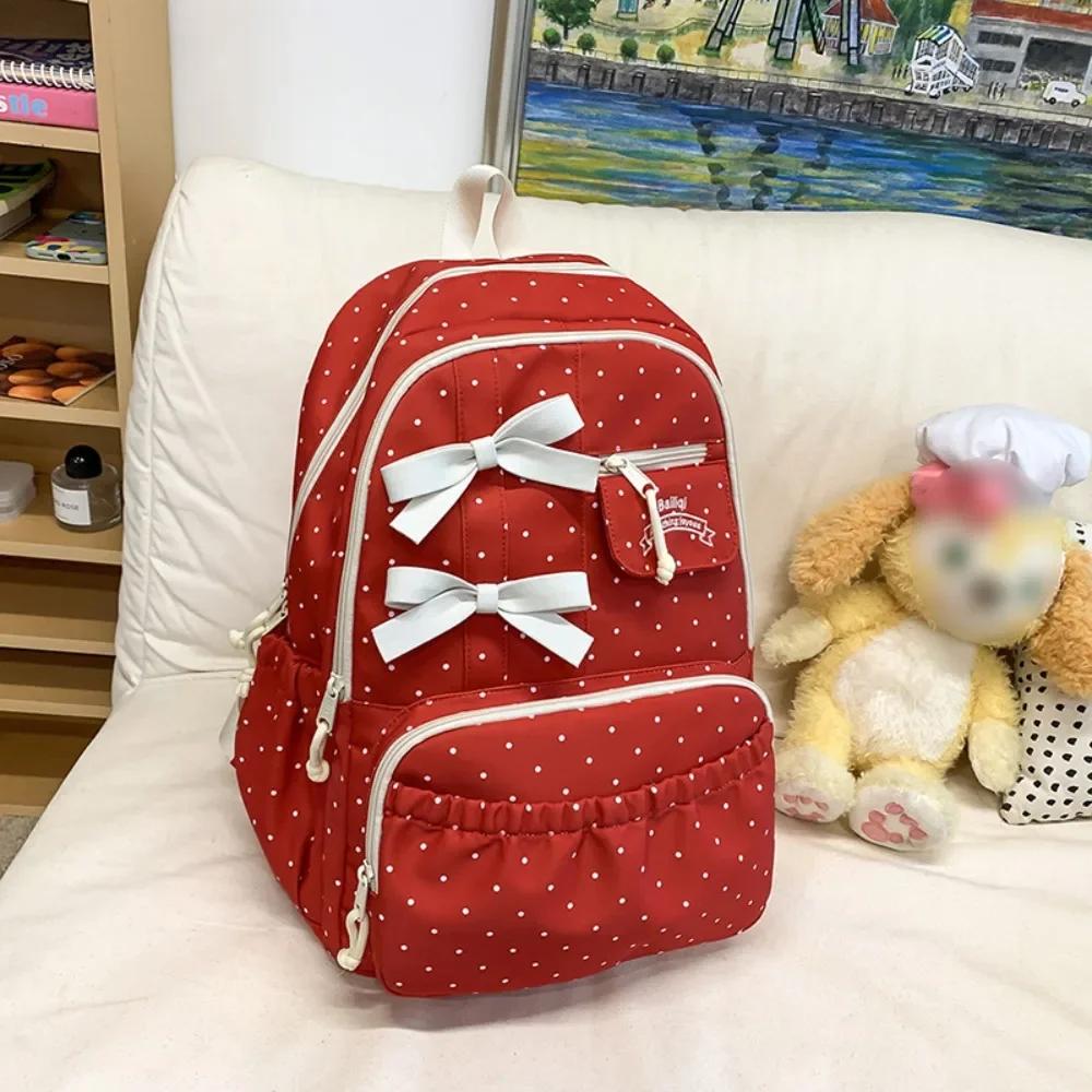 New Polka Dot Bow Girls Backpack Large-capacity Anti-theft Student Schoolbag Nylon Multi-compartment Travel Computer Backpack