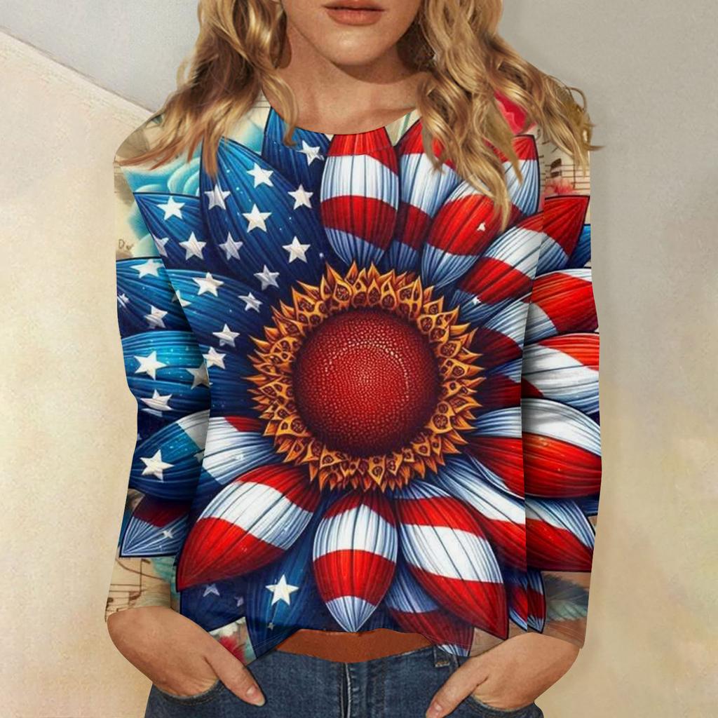 Long Sleeve Crewneck Shirt with Flag and Flower Print Casual Pullover Top for Women Comfortable Fit