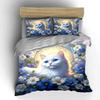 Cat In Blue And White Flowers Bedding Set For Kids Luxury Gift 3Pcs Digital Print Comforter Set Soft Comfortable Breathable