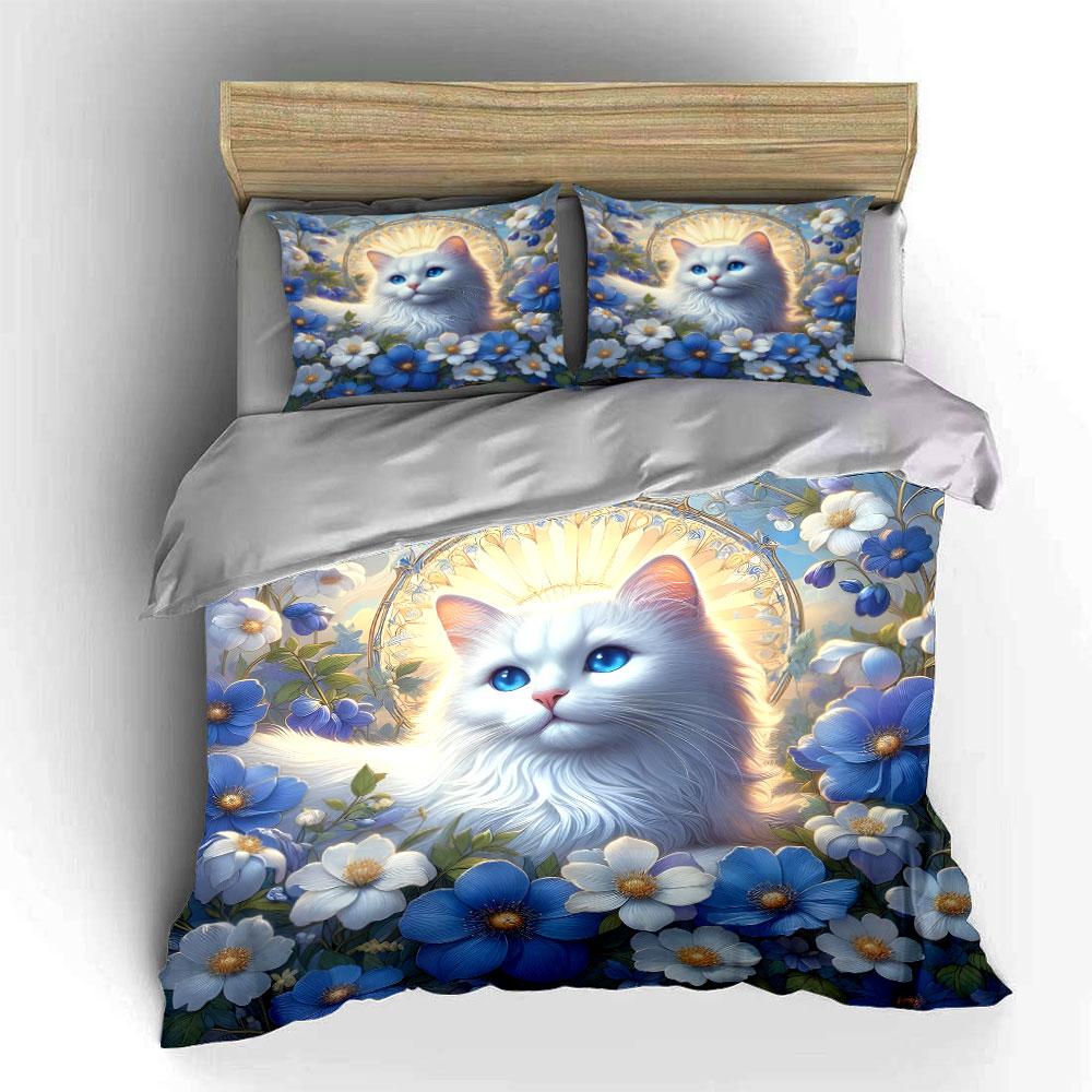 Cat In Blue And White Flowers Bedding Set For Kids Luxury Gift 3Pcs Digital Print Comforter Set Soft Comfortable Breathable