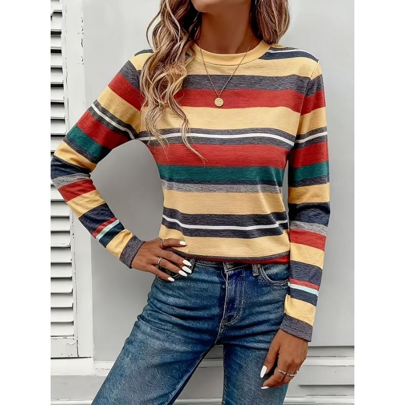 Women s New Spring and Autumn Fashion Round Neck Digital Stripe Print Long Sleeve T-Shirt S