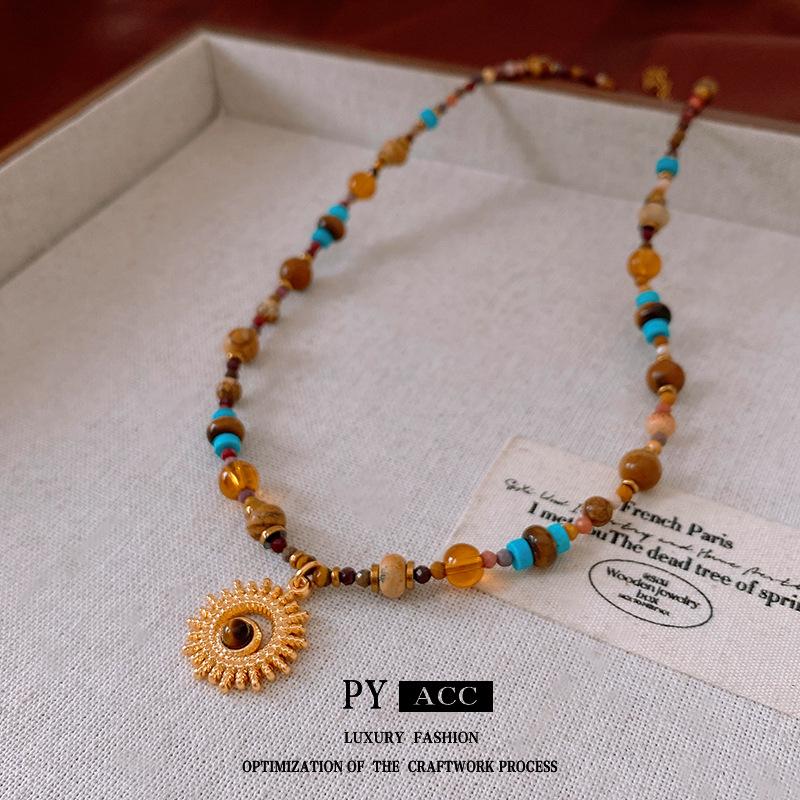 Sun & Stone Pendant Necklace - Titanium & Stainless Steel Clavicle Chain Jewelry