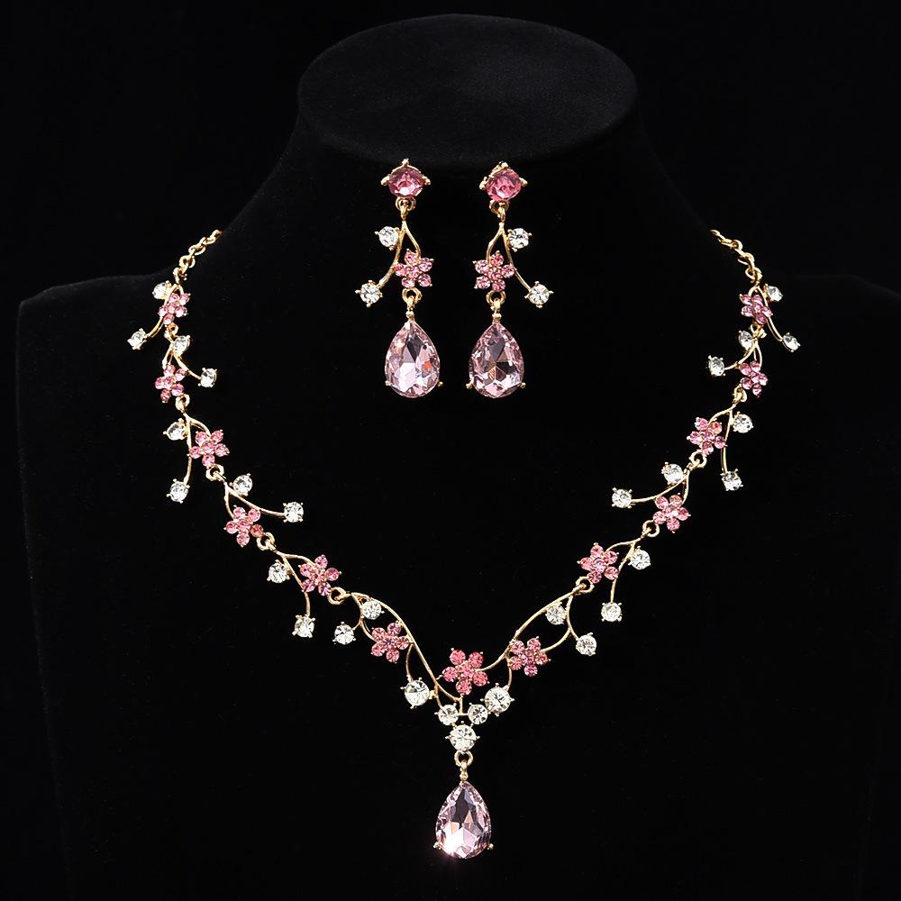 New fashion temperament flower zircon super flash necklace earrings set bridal dress necklace jewelry