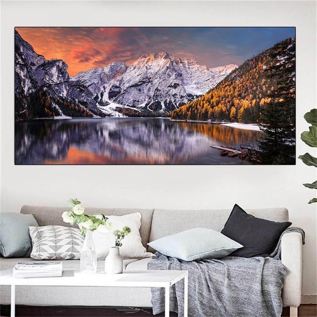 Natura Lac Pădure Alpi Munte Pânză Pictură Peisaj Zăpadă Vedere Postere și imprimeuri Artă de perete Poze Decor Home Fără cadru