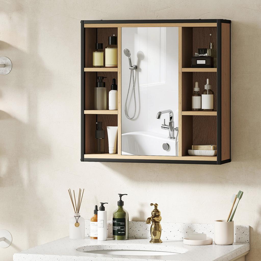 Badezimmerspiegel-Schrank, 6 offene Fächer, 3-stufiges Regal, Wandmontage, Eiche