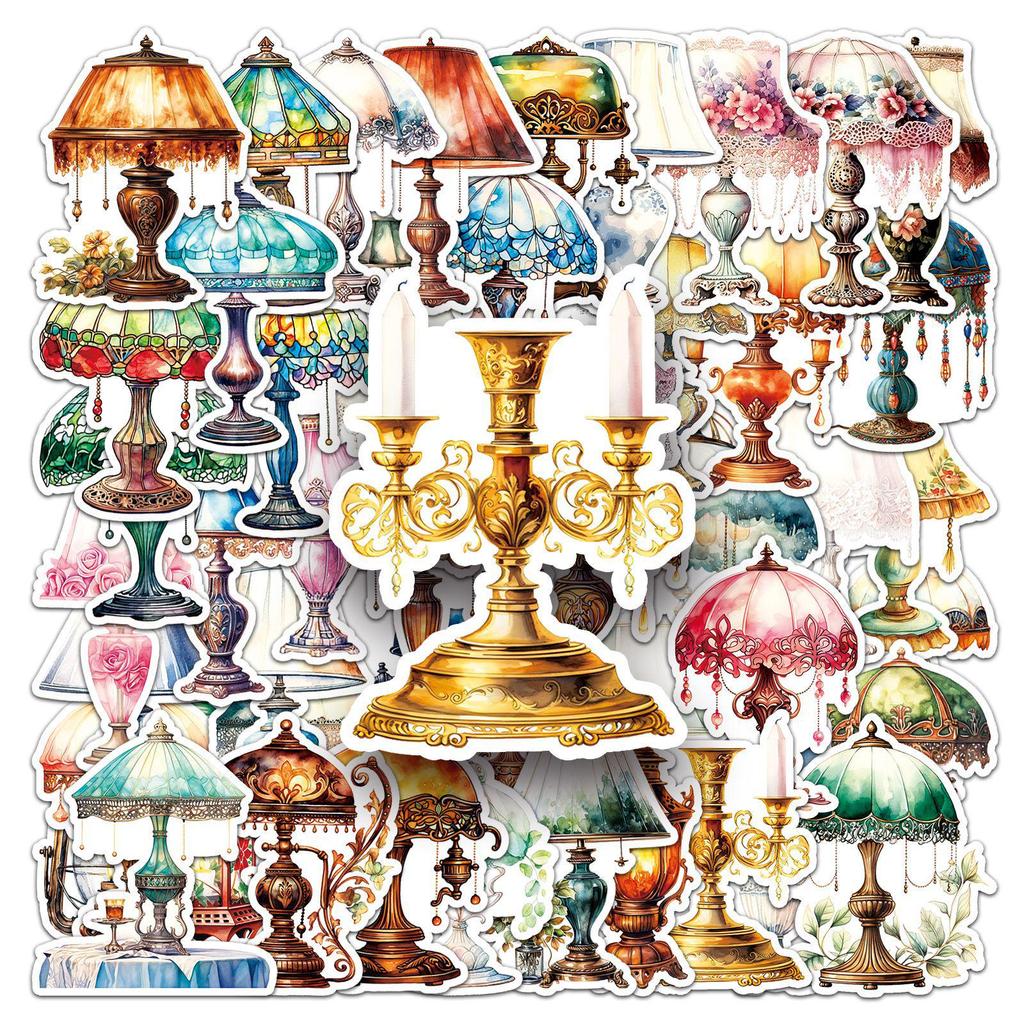 Retro Desk Lamp Stickers - 50pcs Cartoon Creative Waterproof DIY Wall, Glass, and Journal Decoration Stationery.