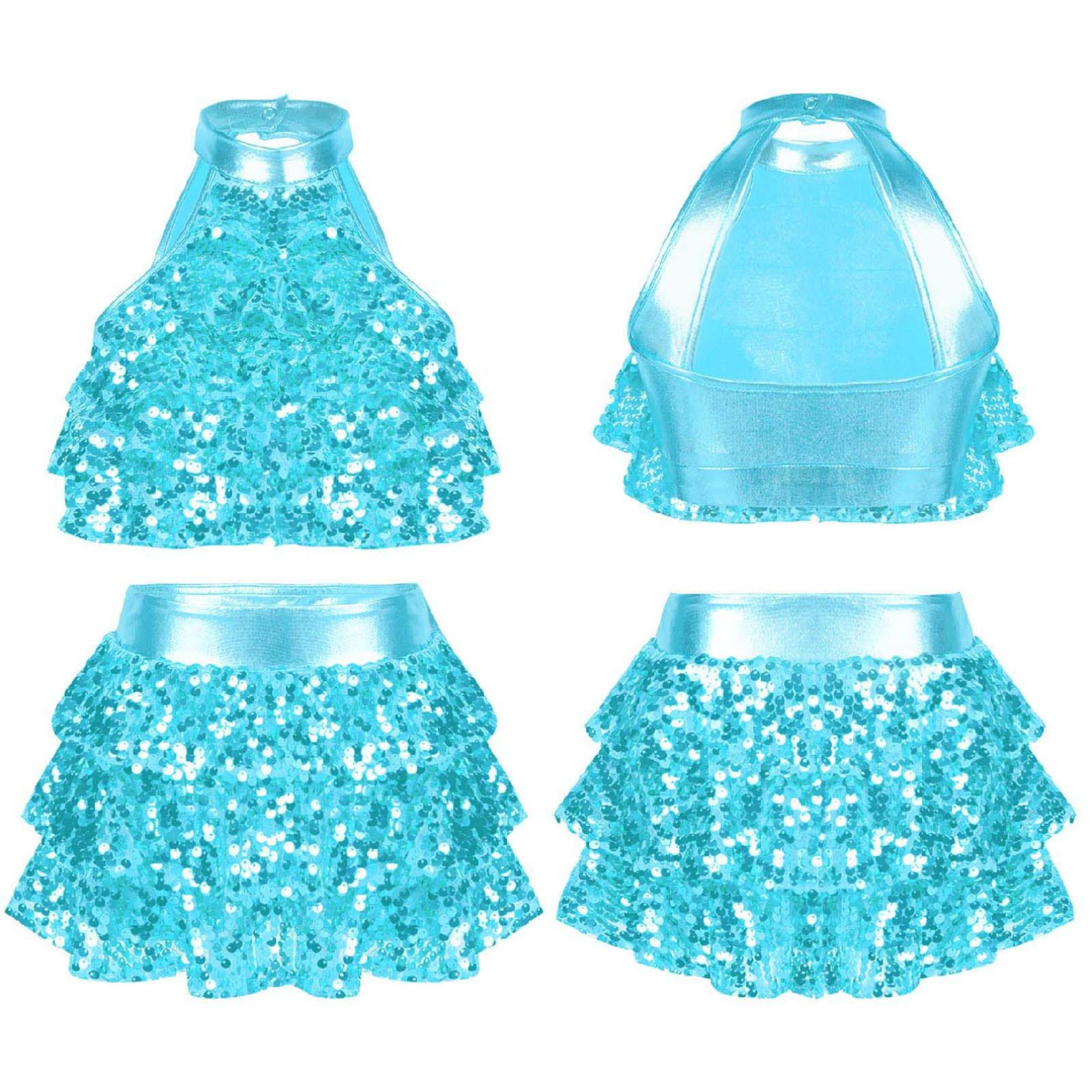 

Дитяча сукня для латиноамериканських танців без рукавів із вирізом без рукавів і блискітками для джазу, короткий топ із спідницею 9-10 Years синій