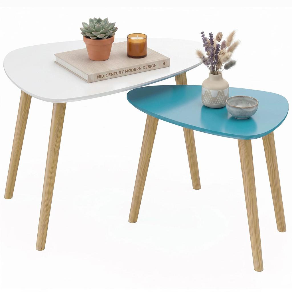 Nesting Coffee Tables, Set of 2, Wooden Legs, Wooden Tops, White and Blue