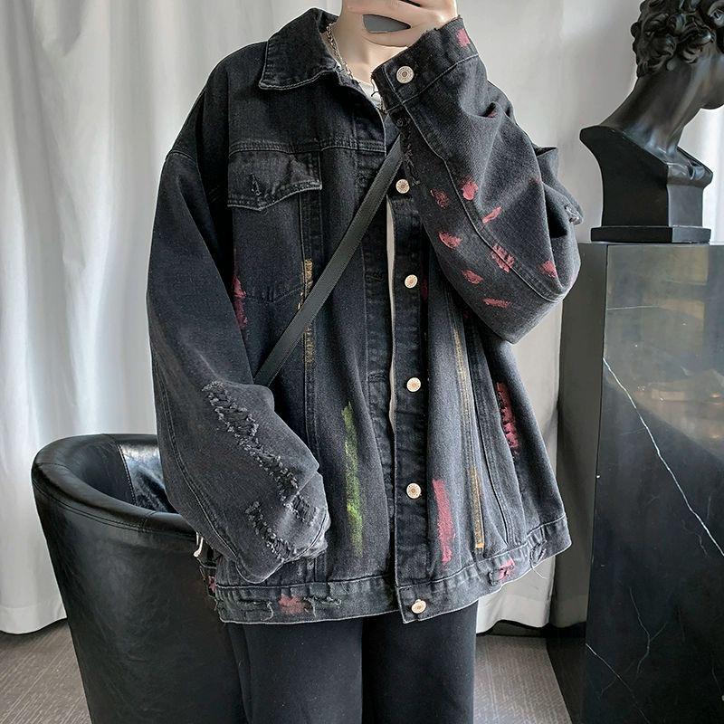 

Men s Spring Trendy American Rogue Denim Jacket: Hole-Ridden, Handsome, Loose, Casual Coat for Spring & Autumn. XL чёрный
