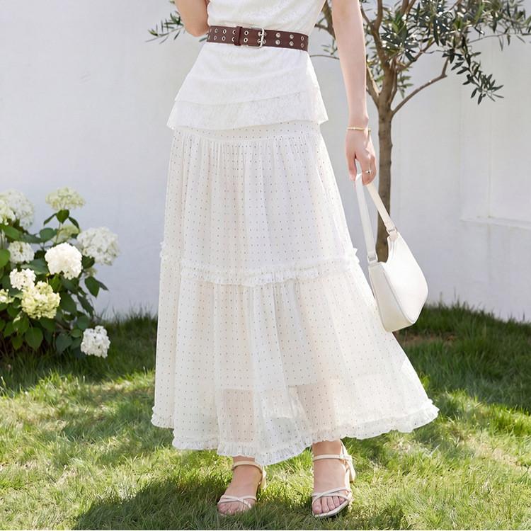 Qooth Polka Dot Print Ruffle Hem Full Flare A-Line Midi Skirt Fashion Versatile Half Skirt for Women QT2915