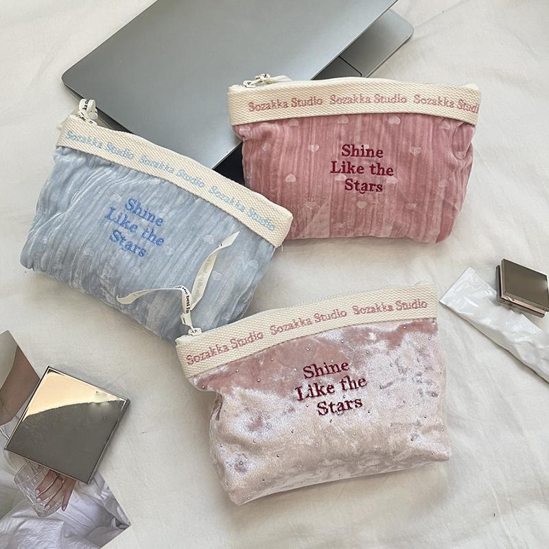 Slim Velvet Makeup Bag with Elegant Embroidery High Capacity Cosmetic Organizer Pouch Travel Wash Storage Toiletry Bag for Women