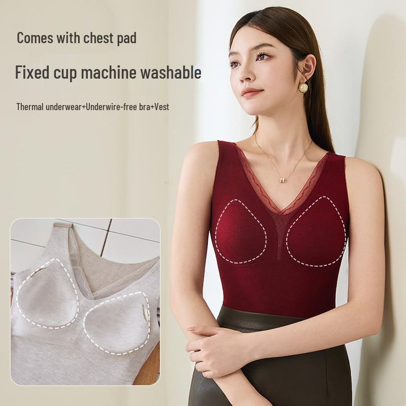 Women's Warm Wool Silk V-Neck Mesh Vest with Fleece & Bra Pads