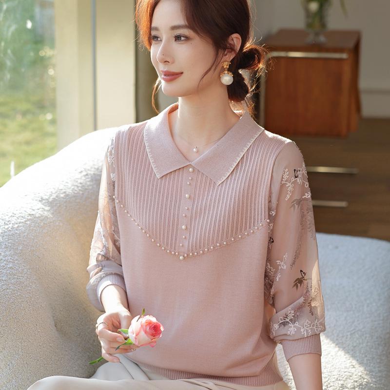 

“Elegant Spring Knitwear Top with Gauze Sleeves for Mature Women” 2XL (125-135 jin)