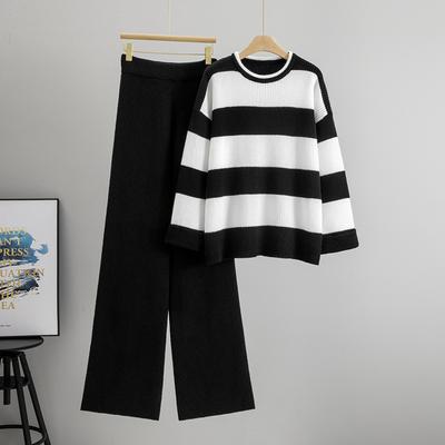 Herbst- und Winter Langarm Locker Lässige Hose Verdickter Gestreifter Pullover Damenanzug