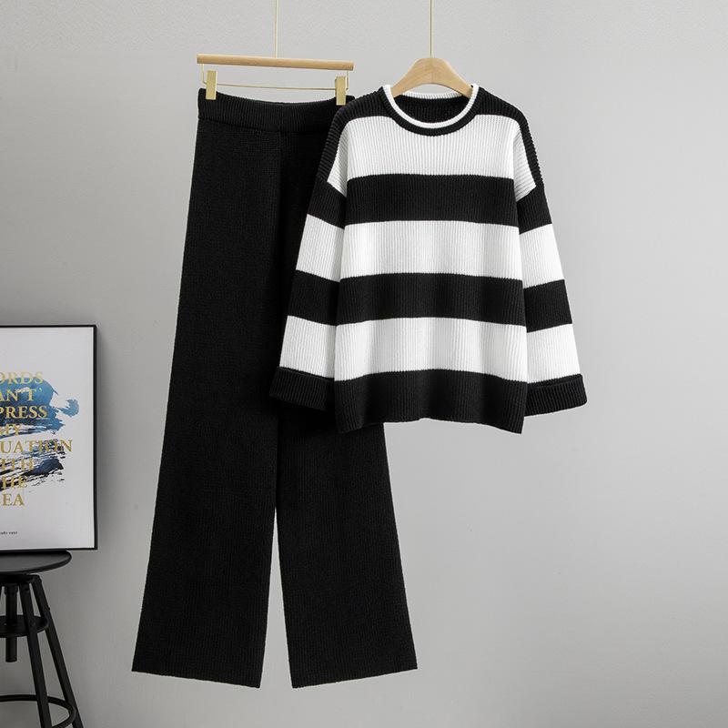 

Autumn and Winter Long-sleeved Loose Casual Trousers Thickened Striped Sweater Women s Suit one size чорний