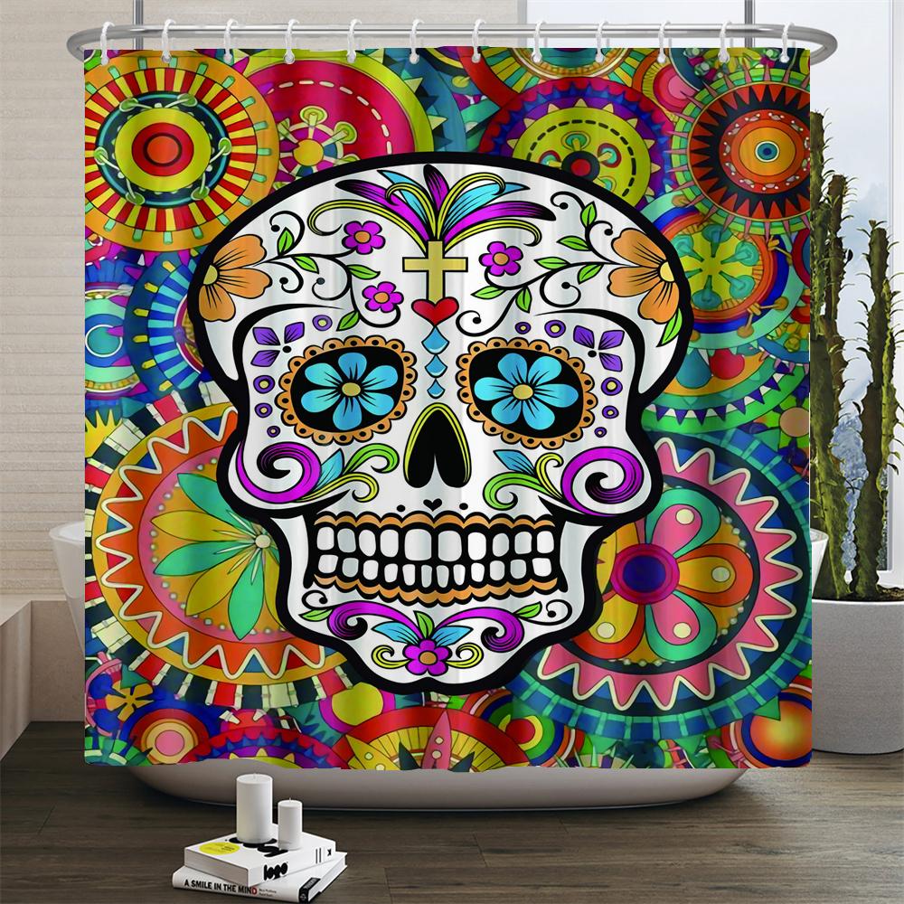 Black Skull Skeleton Printed Shower Curtain Set Horrible Halloween Festival Bathroom Decor Pedestal Rug Lid Carpet Toilet Cover