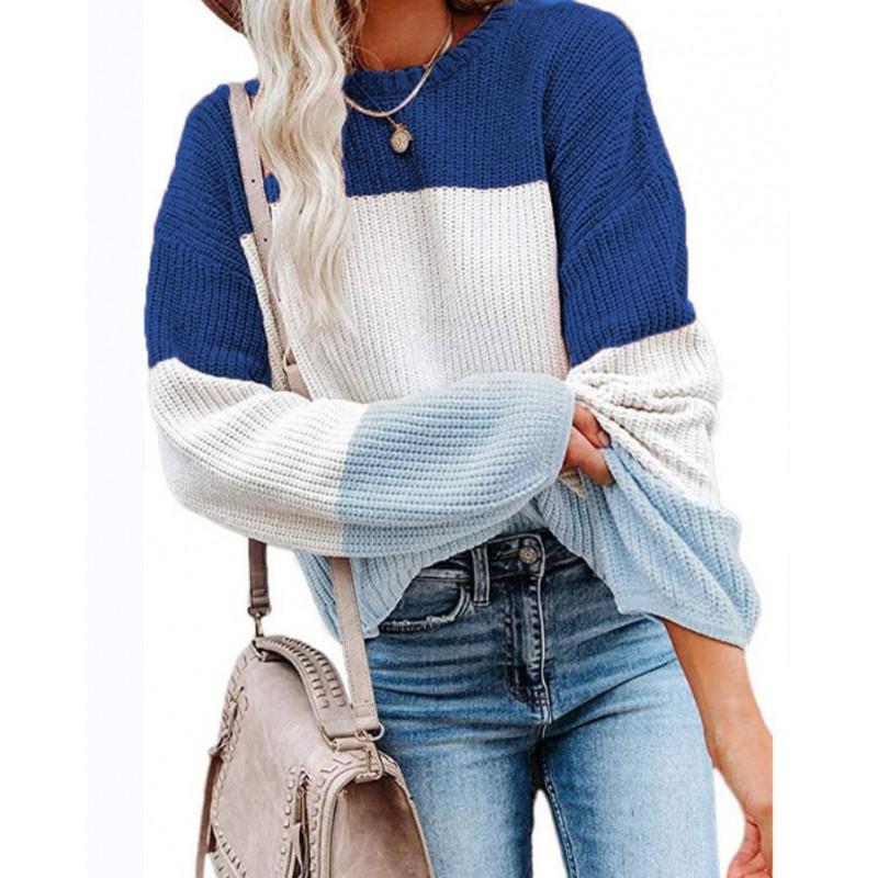 Womens Winter Loose Knit Sweater With Color Block Lantern Sleeves Round Neck Long Sleeve