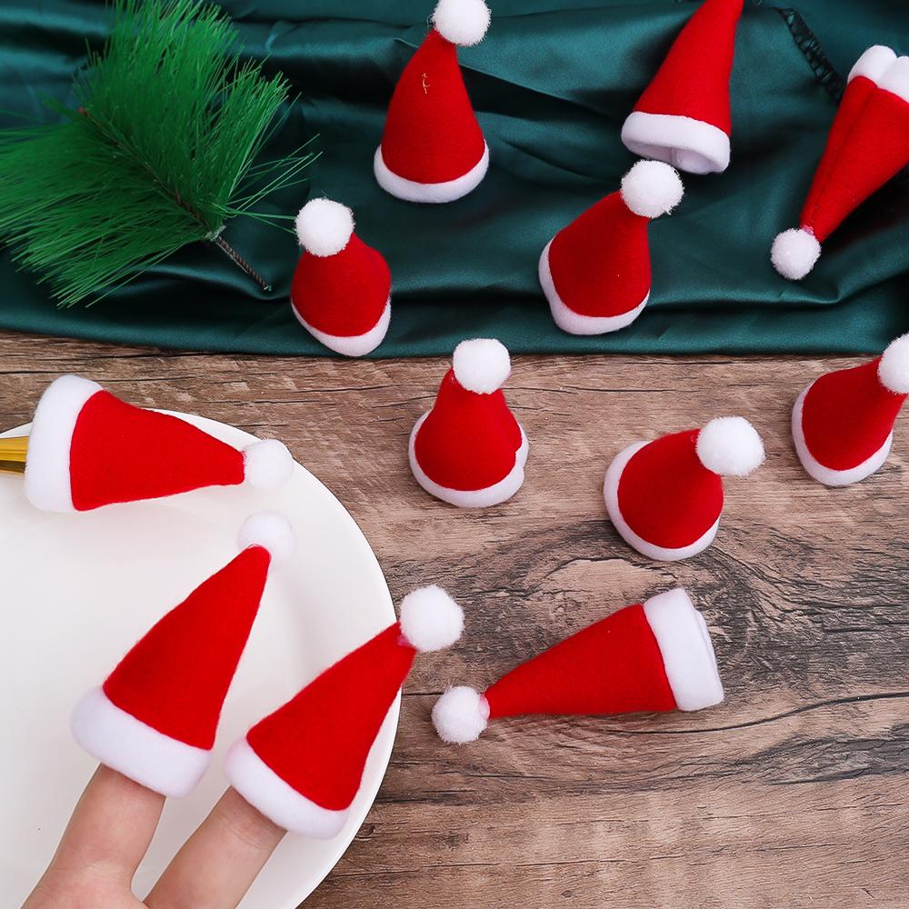 50/1Pcs Mini Santa Hats Wine Bottles Cover Cup Lollipop Hat Fork Knife Cutlery Bag For Xmas New Year Party Dinner Table Decors