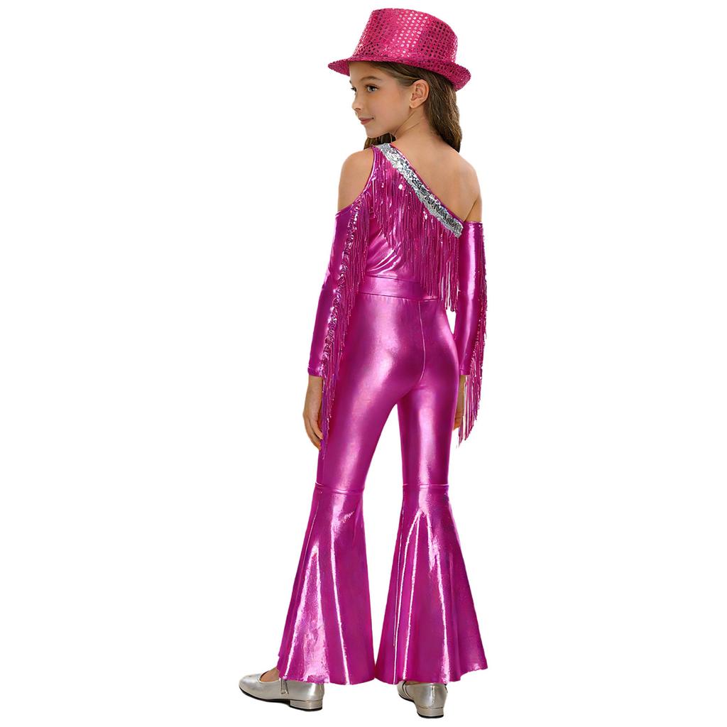 Girls Off Shoulder Jumpsuit Long Sleeve Sequin Tassel Detail Slit Bell Bottom Metallic Romper Hat Included
