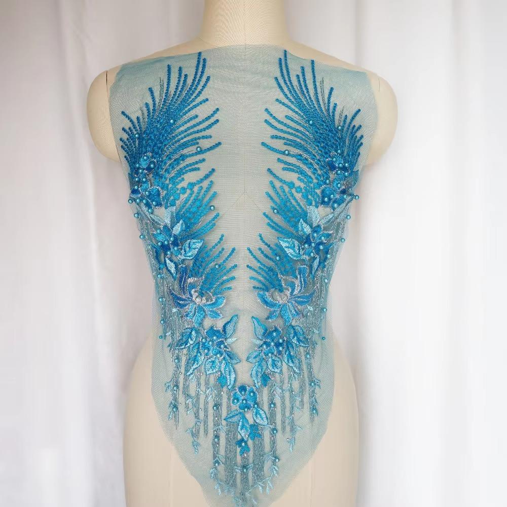 Fabric Flower Blue Red Lace Appliques Flower Tassel Beads Rhinestone Rhinestone Appliques Fabric Flower Appliques DIY Crafts
