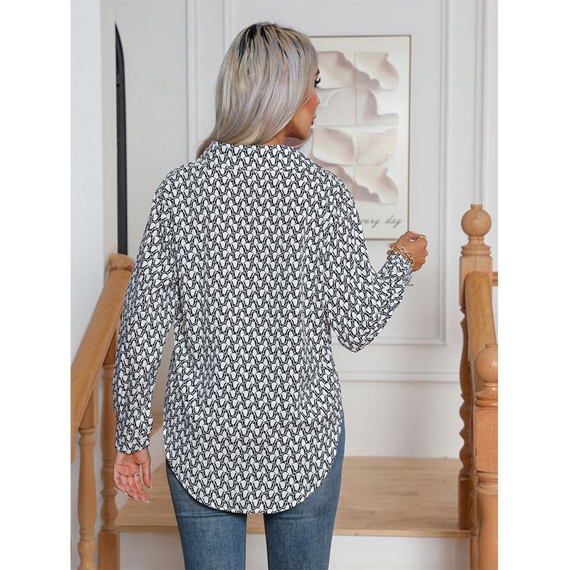 Chemisier à manches longues et col polo pour femme, imprimé géométrique, décontracté, mode patchwork, boutons, cardigan assorti, printemps-automne