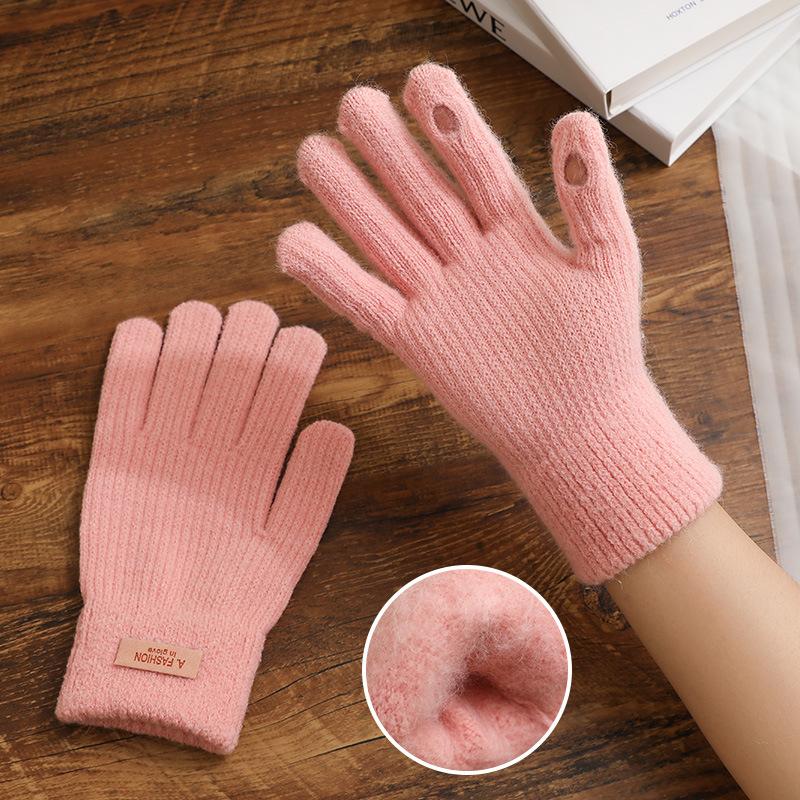 

Winter Women s Warm Gloves Thickened Outdoor Leakage Finger Student Touchscreen Anti Cold Knitted Gloves рожевий