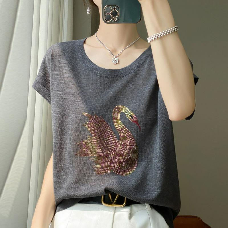 

Cool Bamboo Short-sleeved Women s T-shirt Little Swan Hot Diamond Ice Silk Round Neck Bottoming Ladies Top 2XL темно-сірий