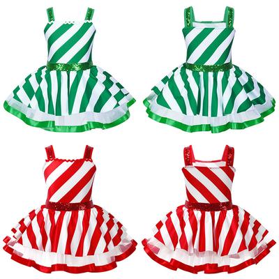 Kids Girls Christmas Dance Costume Sleeveless Shiny Sequins Striped Child Figure Ice Roller Skating Leotard Dress