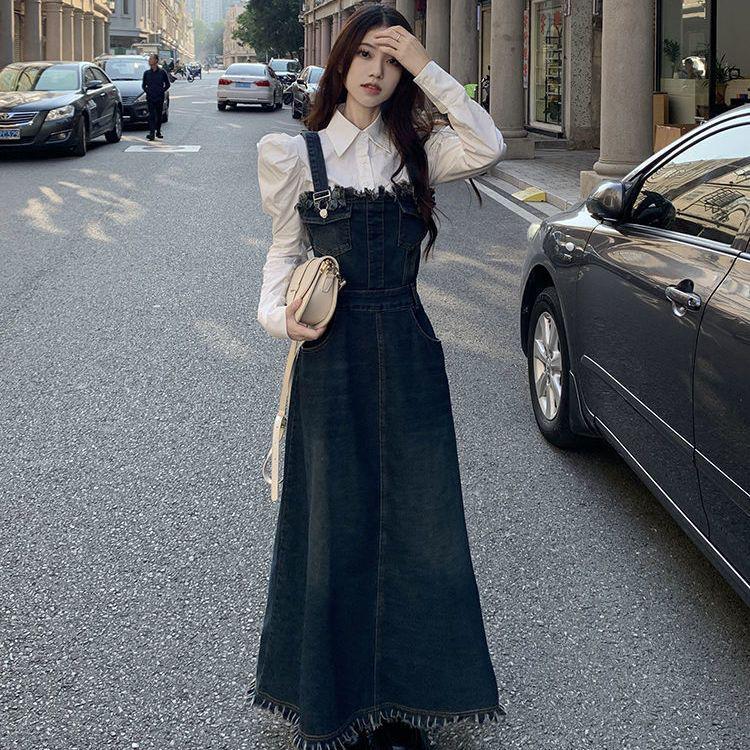 Korean Retro Slimming Denim Dress & Shirt Set for Women