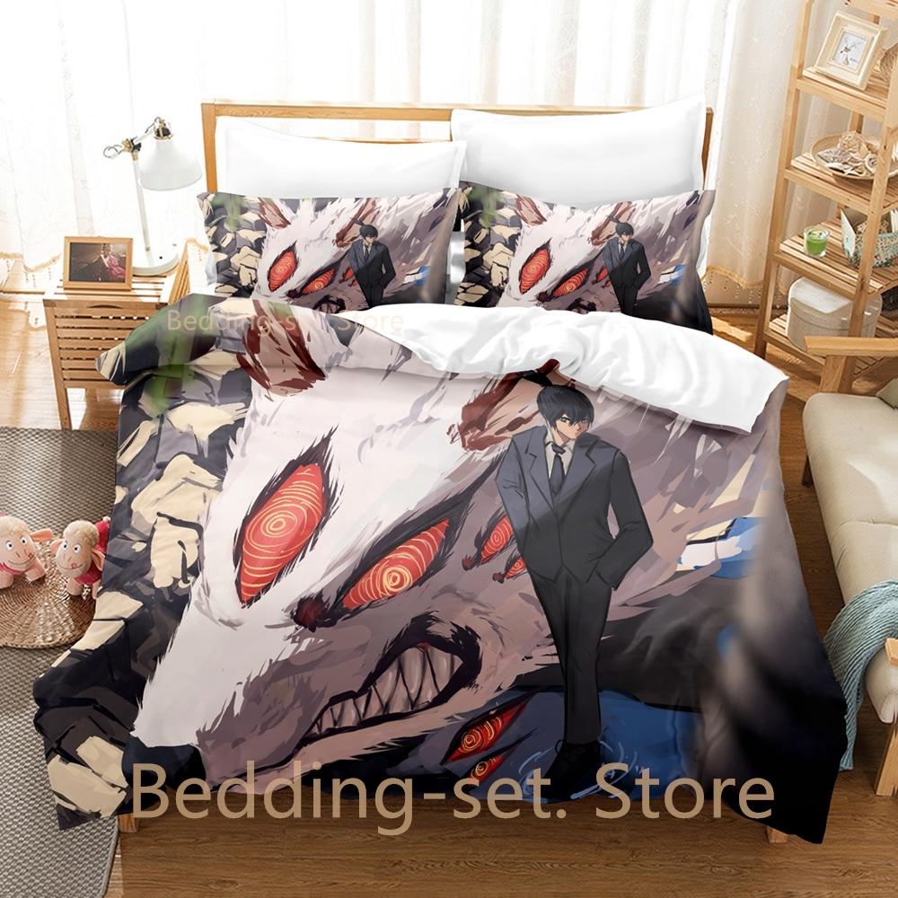Fox Dveil Kon Chainsaw Man Bedding Set Single Twin Full Queen King Size Bed Set Adult Kid Bedroom Duvetcover Sets Anime Bed