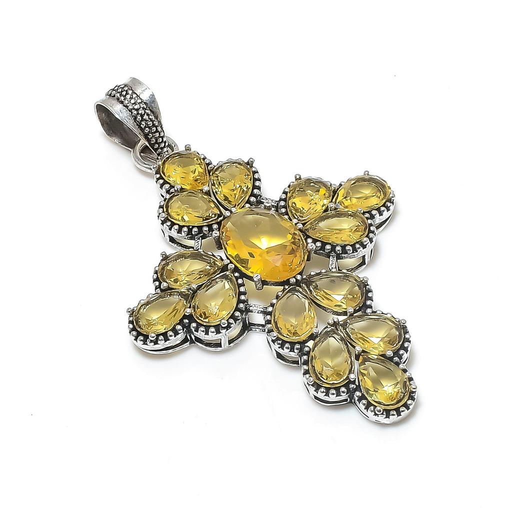 Beautiful Citrine Gemstone Silver Cross Pendant In 925 Sterling Silver - Handmade Pear Design, Everyday Wear Jewelry Gift For Love