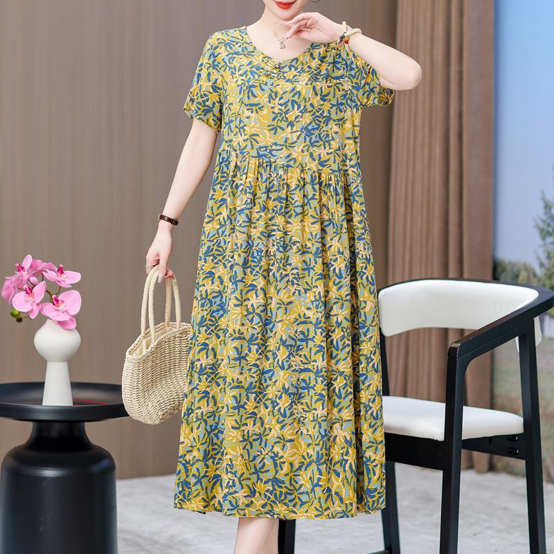 Elegant Dresses for Women Plus Size Loose Casual Vintage Print Long Dress With Sleeves Summer Middle-aged Women's Clothing